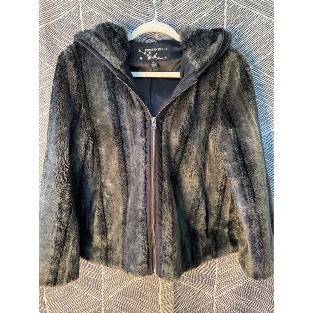 Kristen Blake Faux Fur Hooded Jacket Coat Gray Sz PM